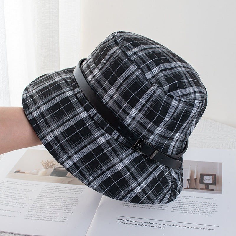 Wholesale British Vintage Plaid Fisherman Hat Children's Belt Buckle Sun Protection Basin Hat Face Showing Small Sun Hat